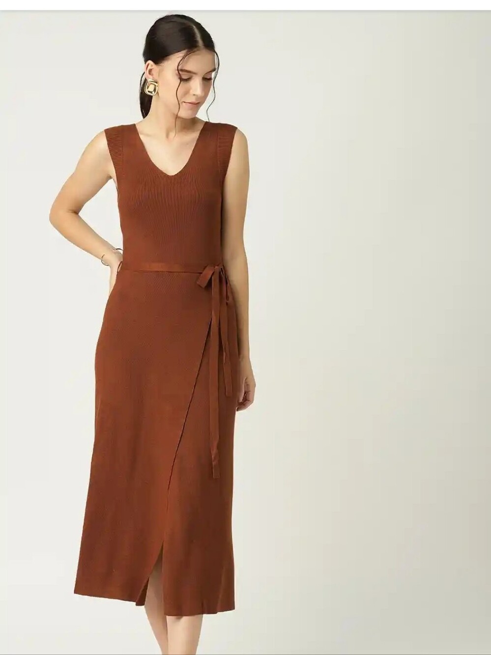 Mango Sleeveless Wrap-Style Midi Dress - Chestnut Brown